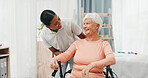 Old woman, physiotherapist and happy in wheelchair at clinic with good news, discussion and recovery. Elderly person with disability, smile and conversation with rehabilitation at wellness center