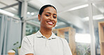 Woman, physiotherapist and smile in portrait at clinic for healthcare career with pride at wellness center. Person, physical therapist or happy with confidence for services at hospital in Mexico