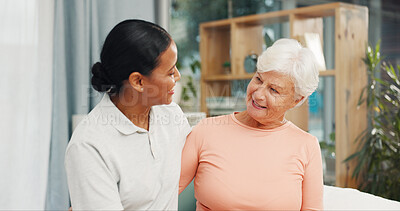 Buy stock photo Physiotherapist, elderly woman and hug in clinic for rehabilitation, healing progress and talking. Healthcare, professional and senior patient with gratitude for recovery, physical therapy or support