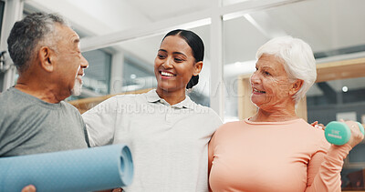 Buy stock photo Physical therapy, smile and fitness with old couple in office for support, healthcare and rehabilitation. Happy, wellness and consulting with people in physiotherapist clinic for workout help