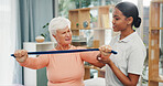 Old woman, physiotherapy and resistance band with support for stretching arms, recovery or muscle wellness. People, smile and talk with rehabilitation for injury, flexibility or guide in retirement