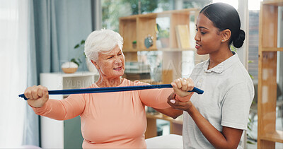 Buy stock photo Old woman, physiotherapy and resistance band with support for stretching arms, recovery or tension. People, joint pain and rehabilitation for injury in clinic, muscle wellness or guide in retirement