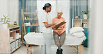 Old woman, physiotherapy and report with clipboard, documents and feedback for healing at clinic. Happy people, elderly patient and healthcare review for rehabilitation, consultation or recovery