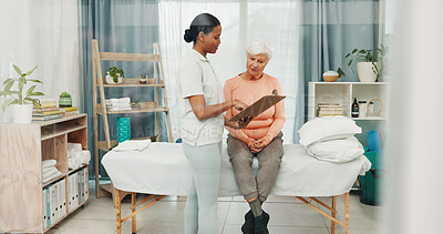 Buy stock photo Old woman, physiotherapy and report with clipboard, documents and feedback for healing at clinic. Happy people, elderly patient and healthcare review for rehabilitation, consultation or recovery