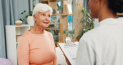 Buy stock photo Old woman, physiotherapy and documents with clipboard, smile or nutrition facts for healing at clinic. People, patient and healthcare professional with report, feedback and happy for consultation