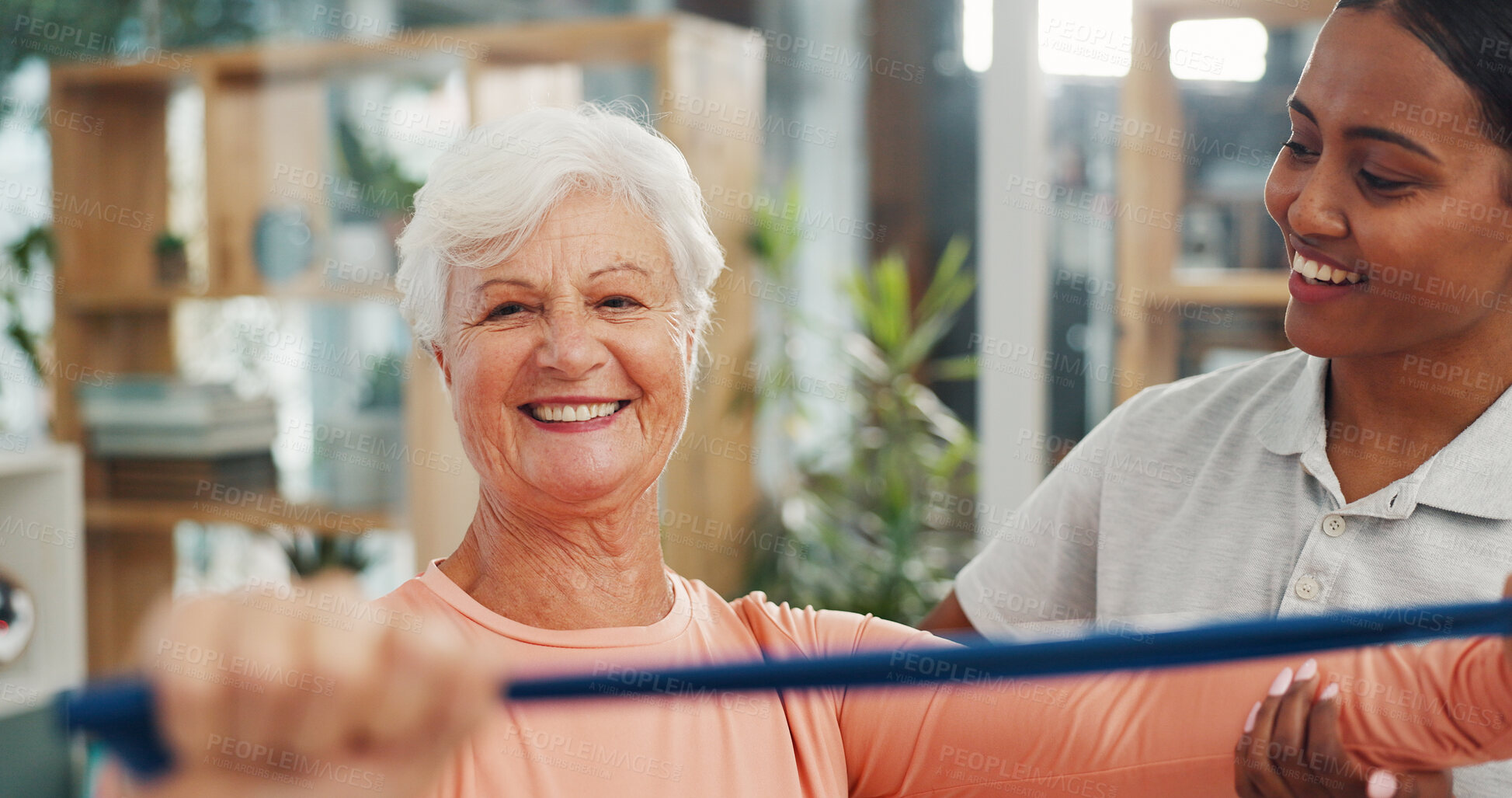 Buy stock photo Old woman, physiotherapy and resistance band with smile for stretching arms, recovery or muscle wellness. People, happy and portrait with rehabilitation for injury, flexibility or guide in retirement
