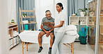Clipboard, physiotherapist or consulting old man for health assessment, rehabilitation or results. Healthcare, senior patient or professional with notes for progress report, healing update or support