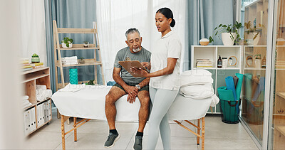 Buy stock photo Clipboard, physiotherapist or consulting old man for health assessment, rehabilitation or results. Healthcare, senior patient or professional with notes for progress report, healing update or support