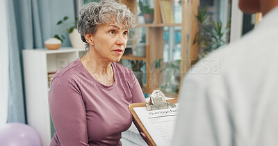 Buy stock photo Consulting, clipboard and nutritionist with old woman in office for healthcare, diet checklist and advice. Nutrition, meal schedule and checkup with senior person in clinic for wellness support