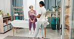Clipboard, physiotherapist or consulting old woman for health assessment, rehabilitation or results. Medical, senior patient and professional with notes for progress report, healing update or support