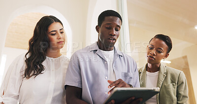 Buy stock photo Planning, tablet and people with meeting in agency, proposal feedback and copywriting guidelines update. Advice, discussion or project manager with staff for review, tech or teamwork for optimization