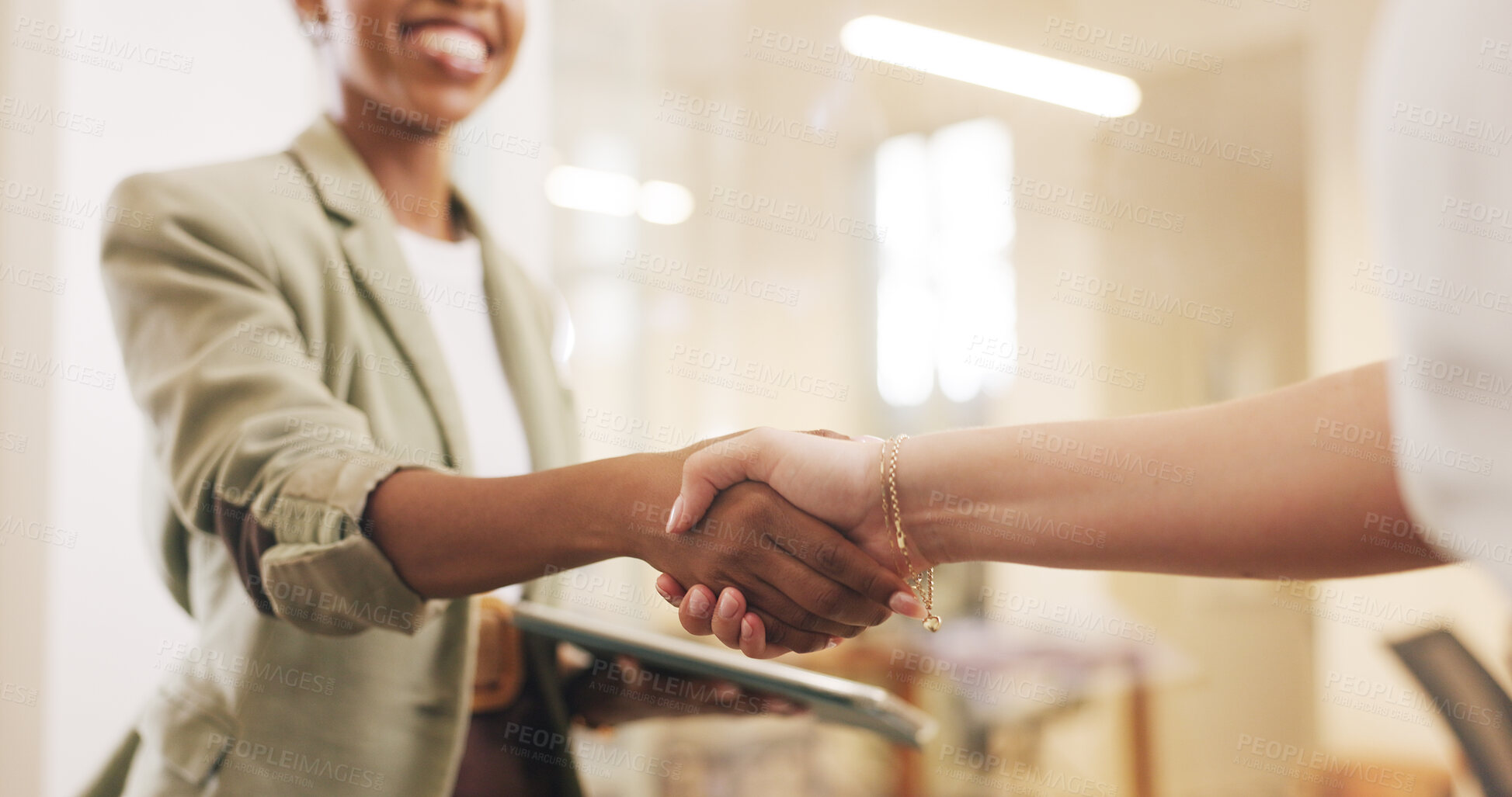 Buy stock photo Tablet, handshake and business people in office with collaboration, b2b agreement or marketing deal. Woman, client and shaking hands in workplace with tech, teamwork or offer for advertising project.