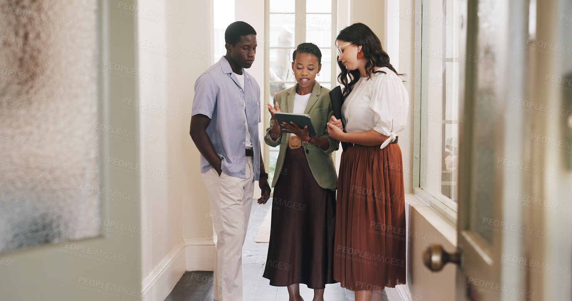 Buy stock photo Review, discussion or people in lobby with tablet, draft insight or proposal of article idea. Teamwork, press or journalist in office with tech, report planning or column feedback for publication.