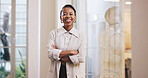 Journalist, portrait or black woman in office with arms crossed, experience or pride in media job. Happy, creative or copywriter with confidence, press or career growth in publishing industry.