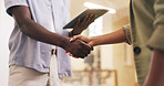 Tablet, handshake and business people in office with agreement, b2b collaboration or marketing deal. Person, client and shaking hands in workplace with tech, teamwork or offer for advertising project