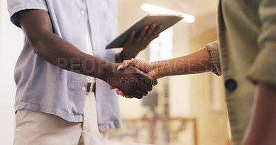 Buy stock photo Tablet, handshake and business people in office with agreement, b2b collaboration or marketing deal. Person, client and shaking hands in workplace with tech, teamwork or offer for advertising project