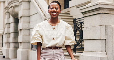 Buy stock photo Portrait, businesswoman and smile in city with commute, public relations career or pride for ambition. Happy, black person and confident downtown with job satisfaction, journey or travel to PR agency