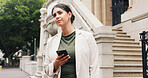Waiting, phone and business woman on sidewalk, digital lift request and transport app for commute. City street, tech or person with patience at pickup point, travel service or search for ride arrival