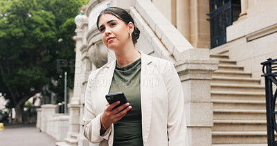 Buy stock photo Waiting, phone and business woman on sidewalk, digital lift request and transport app for commute. City street, tech or person with patience at pickup point, travel service or search for ride arrival