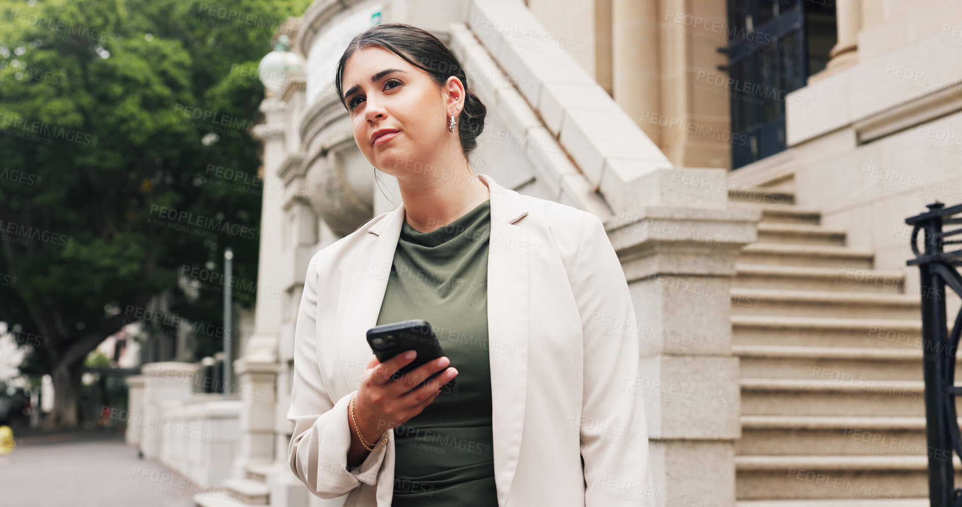 Buy stock photo Waiting, phone and business woman on sidewalk, digital lift request and transport app for commute. City street, tech or person with patience at pickup point, travel service or search for ride arrival