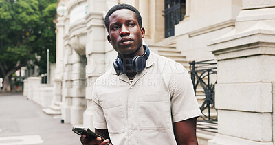 Buy stock photo Waiting, phone and business man on city street, digital lift request and transport app for commute. Sidewalk, tech and black person with patience at pickup point, travel service and search for ride