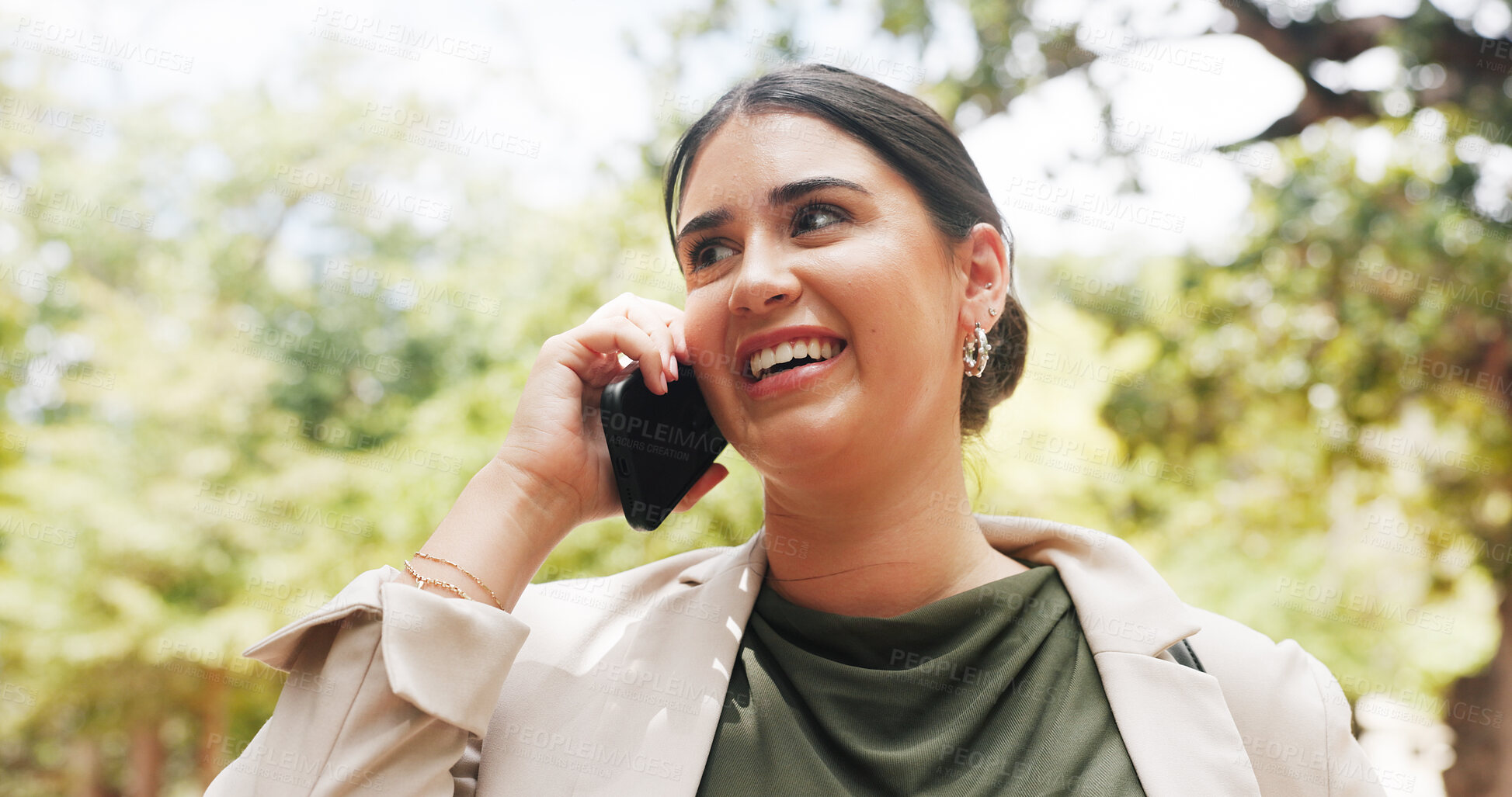 Buy stock photo Happy woman, business and nature with phone call for conversation, discussion or proposal. Female person, NGO or employee with smile on smartphone for eco friendly development or outreach in park