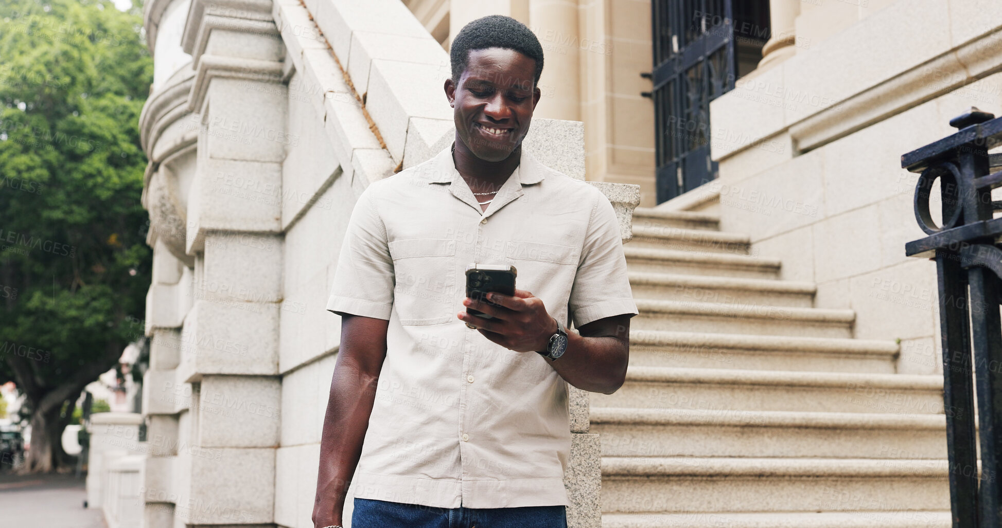 Buy stock photo Phone, review or black man in town with communication, agenda change or email response on commute. Texting, message or employee with tech, schedule update or digital connection in city travel.
