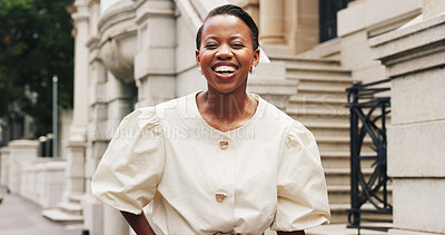 Buy stock photo Happy, black woman and portrait of lawyer in city with confidence for legal career at court. Laugh, professional and female candidate attorney with pride for job opportunity in town with about us.