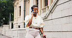 Business, black woman and phone call with suitcase in city for travel, discussion and work trip. Person, walking and luggage with mobile to contact airport, confirm booking and navigation assistance