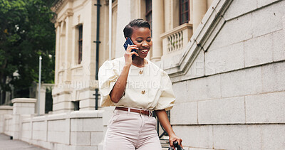 Buy stock photo Business, black woman and phone call with suitcase in city for travel, discussion and work trip. Person, walking and luggage with mobile to contact airport, confirm booking and navigation assistance