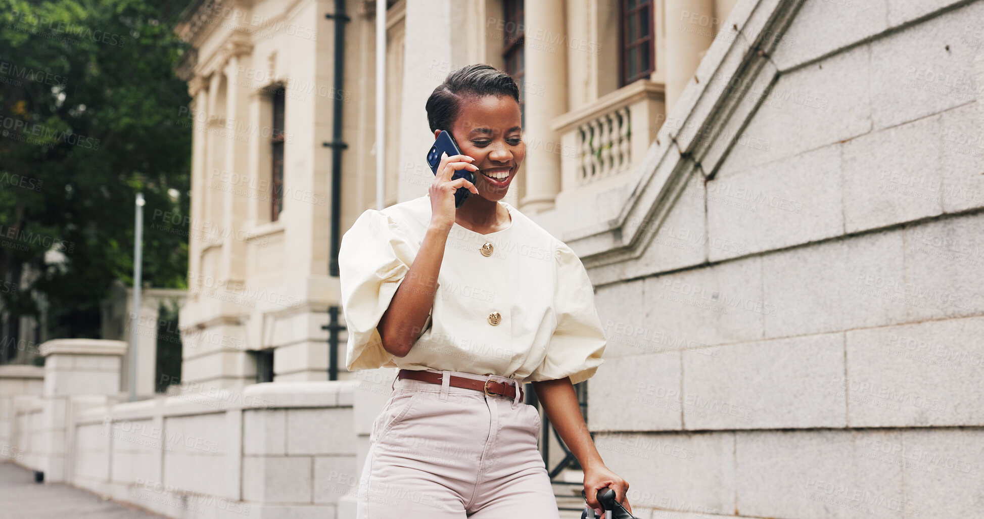 Buy stock photo Business, black woman and phone call with suitcase in city for travel, discussion and work trip. Person, walking and luggage with mobile to contact airport, confirm booking and navigation assistance