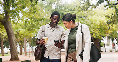 Buy stock photo Business, people and commute in park with phone, public relations job and coffee for morning gossip. Coworkers, walk outdoor and tech with social media, discussion or beverage for travel to PR agency