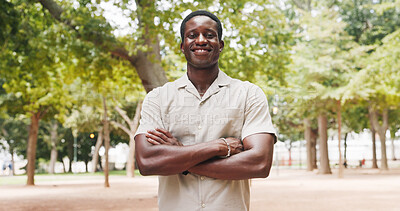 Buy stock photo Arms crossed, business and portrait of black man in park for commute, development or opportunity. About us, confidence and smile of employee person outdoor for job satisfaction or travel to work