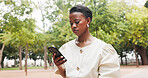 Park, reading or business woman with phone, client communication or hearing schedule for court case. Outdoor, email or African lawyer with mobile for lawsuit update, review trial summary or serious