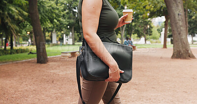 Buy stock photo Bag, commute and hands of woman in park for coffee, morning trip or start of business. Drink, travel and walking with employee person outdoor in nature for route to work or professional opportunity
