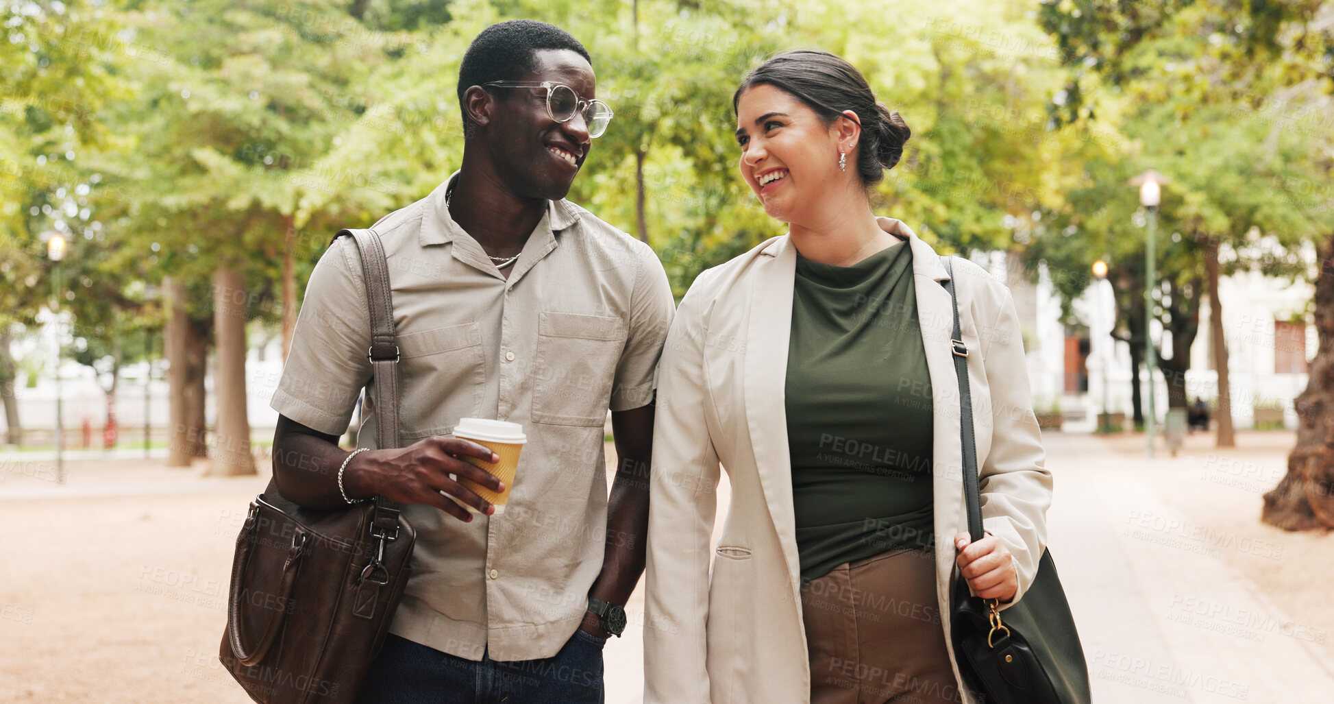 Buy stock photo Business, people and commute in park with smile, public relations job and coffee for morning chat. Happy, coworkers and walk outdoor with journey, conversation and beverage for travel to PR agency.
