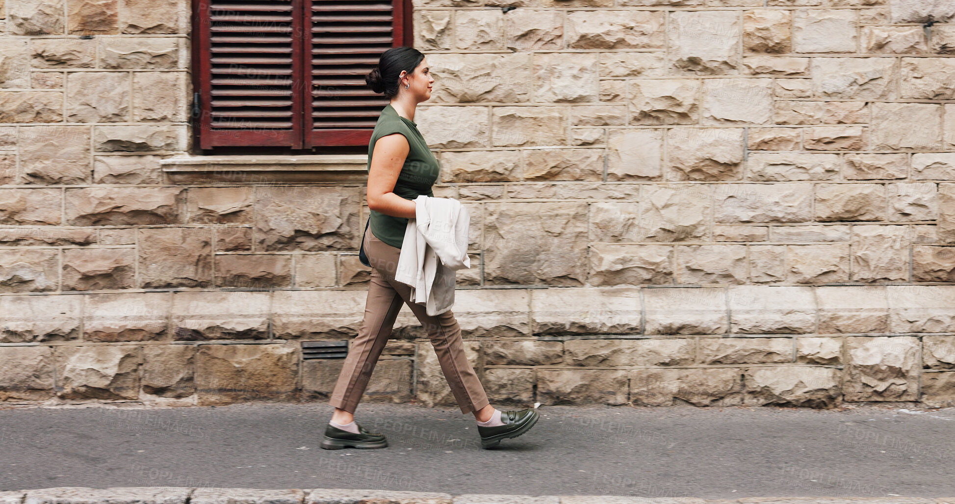Buy stock photo Businesswoman, walk and commute in city with job opportunity, idea and property listing for real estate. Space, person and realtor journey in town with rustic architecture, vision and travel to work.