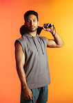 Sport, racket and padel with portrait of man for serve, fitness athlete and workout. Competition tournament, tennis match challenge and training with person on studio background for exercise