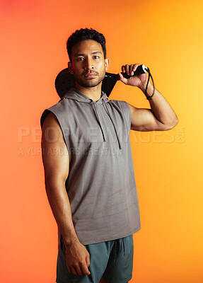 Buy stock photo Sport, racket and padel with portrait of man for serve, fitness athlete and workout. Competition tournament, tennis match challenge and training with person on studio background for exercise