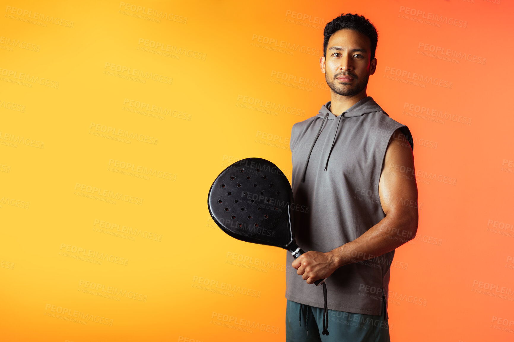Buy stock photo Fitness, space and padel with portrait of man for serve, sports athlete and swing practice. Competition tournament, tennis match challenge and training with person on studio background for exercise