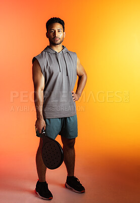 Buy stock photo Fitness, sport and padel with portrait of man for serve, athlete and swing practice. Competition tournament, tennis match challenge and training with person on studio background for exercise
