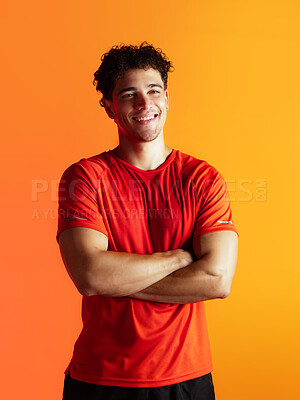 Buy stock photo Arms crossed, fitness and portrait of man in studio for workout, bodybuilder and gym about us. Happy, health and training with male person on orange background for sports instructor and wellness
