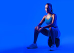 Woman, exercise and medicine ball in studio with portrait, serious and mockup space on purple background. Person, balance and training with pride, fitness or muscle development for wellness in Mexico