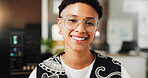 Portrait, programmer and woman in office, smile and software development for website launch. Employee, professional and person in workplace, coding and about us for ai developer and information tech