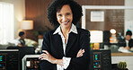 Happy, portrait and businesswoman with arms crossed in office, programmer or pride for career growth. Computer screen, code and person with smile for software development, confident and coworking