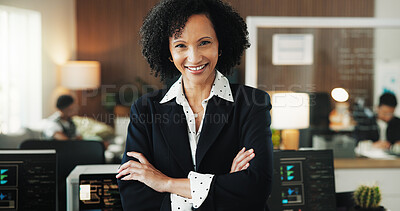 Buy stock photo Happy, portrait and businesswoman with arms crossed in office, programmer or pride for career growth. Computer screen, code and person with smile for software development, confident and coworking