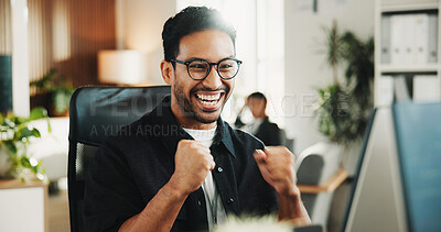 Buy stock photo Happy, businessman and winning with fist pump in office for promotion, bonus or achievement. Excited, man or employee with smile or celebration for good news, salary increase or success in workplace