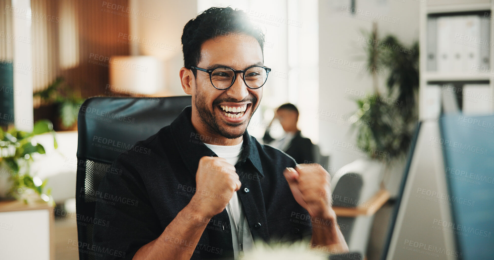 Buy stock photo Happy, businessman and winning with fist pump in office for promotion, bonus or achievement. Excited, man or employee with smile or celebration for good news, salary increase or success in workplace