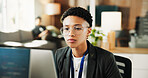 Reading, glasses and businesswoman with computer in office, programmer or serious for project on web. Online, code and person with tech for software development, confident and review with eyewear
