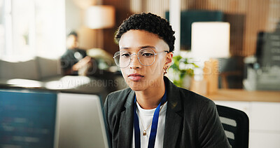 Buy stock photo Reading, glasses and businesswoman with computer in office, programmer or serious for project on web. Online, code and person with tech for software development, confident and review with eyewear